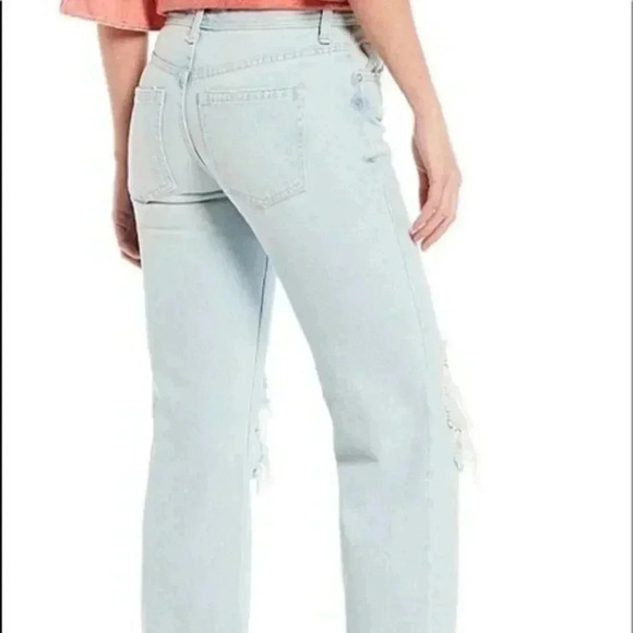 Free People Maggie Straight Leg Mid Rise Distressed Denim Jeans Paradise Blue - Picture 11 of 15